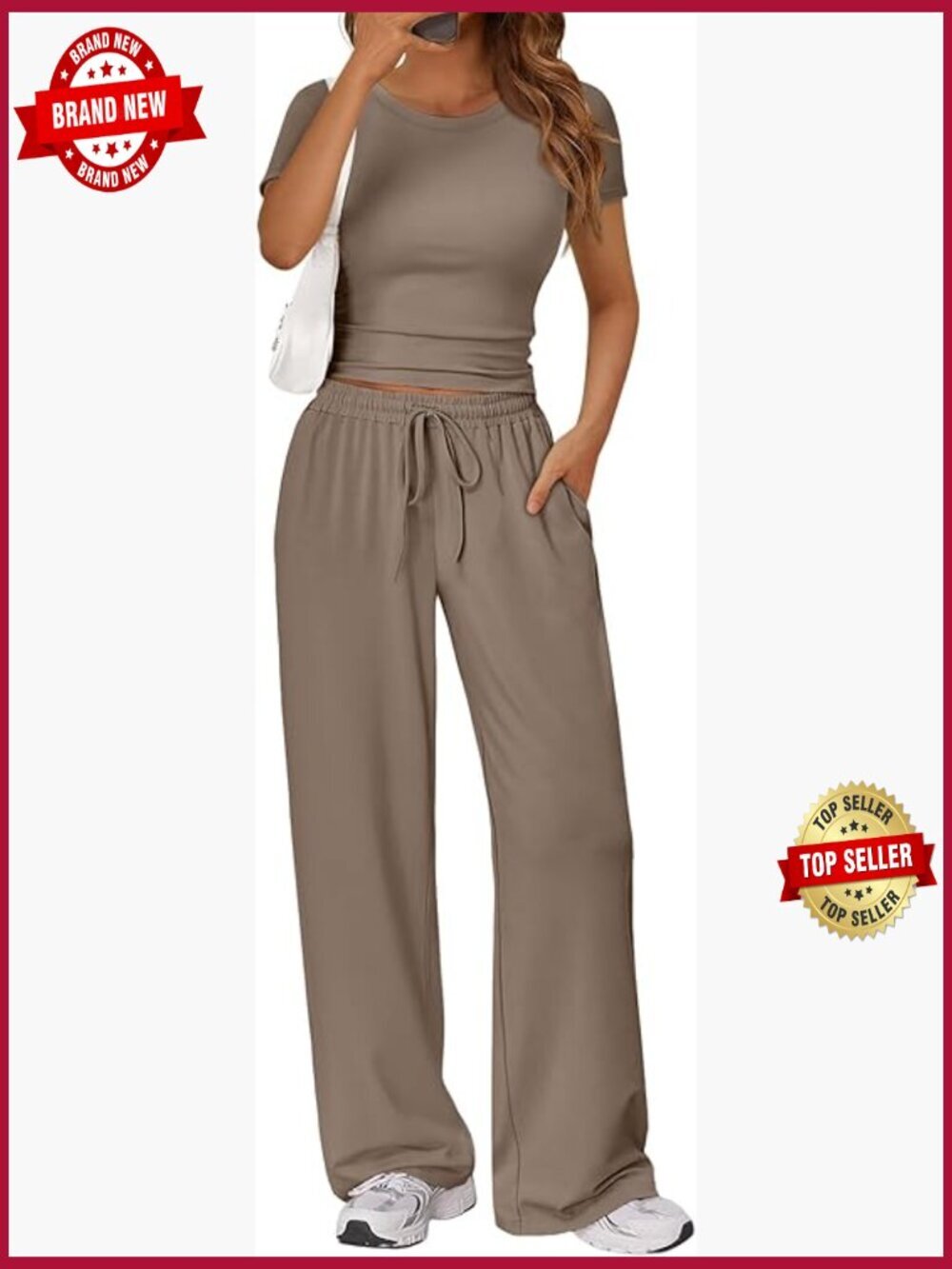 2 Piece Matching Lounge Set Side Ruching Top Wide Leg Pants Pockets